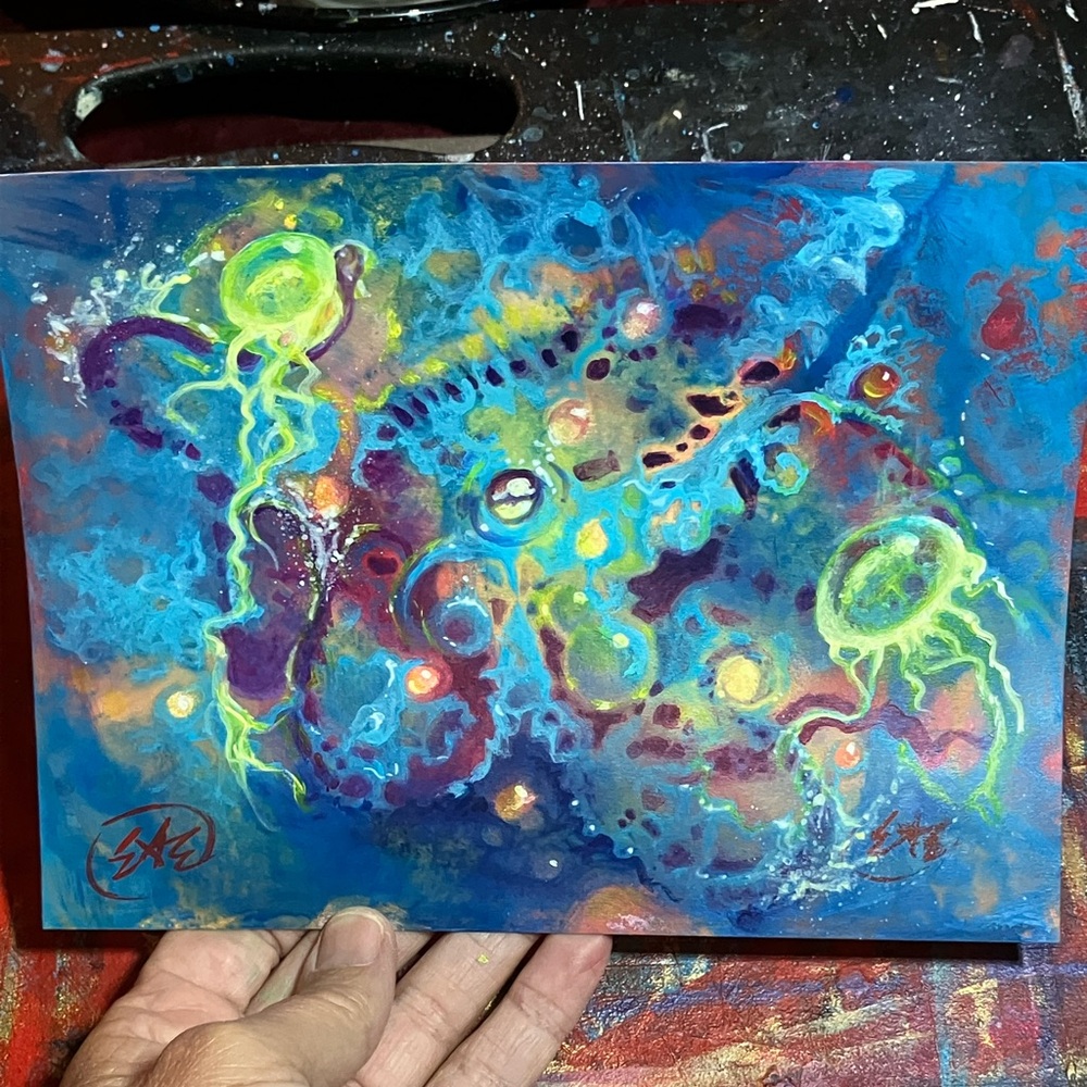Original painting octopus jelly fish NEW ocean art colorful surrealism Artettina